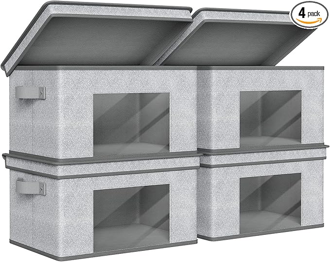 Univivi Fabric Foldable Storage Bins with Lids Collapsible Storage Boxes Bins Organization Baskets for Home, Closet, Playroom, 14''x10''x8.3'' (Gray, 4-Pack)