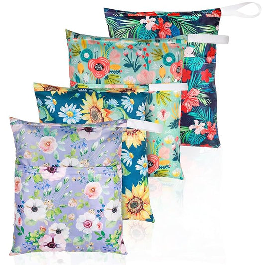 Frienda 4 Pieces Wet Dry Bag for Baby Waterproof Reusable Washable Diaper Bag Sealed with Handle for Travel, Beach, Swimsuit, Diapers, Dirty Gym Clothes and Toiletries (Flower)