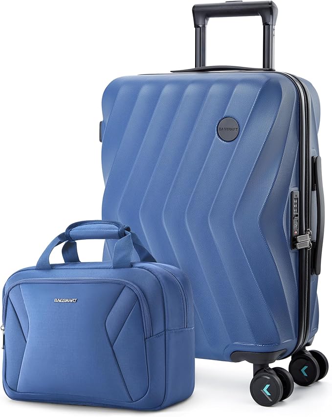 BAGSMART 2 Piece Carry On Luggage Set, PC Hardside Suitcase Airline Approved, 20 Inch Spinner Wheels Travel Luggage Hard Shell with Duffle Bag for Men Women, Blue