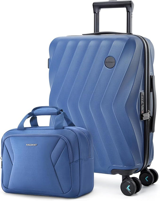 BAGSMART 2 Piece Carry On Luggage Set, PC Hardside Suitcase Airline Approved, 20 Inch Spinner Wheels Travel Luggage Hard Shell with Duffle Bag for Men Women, Blue