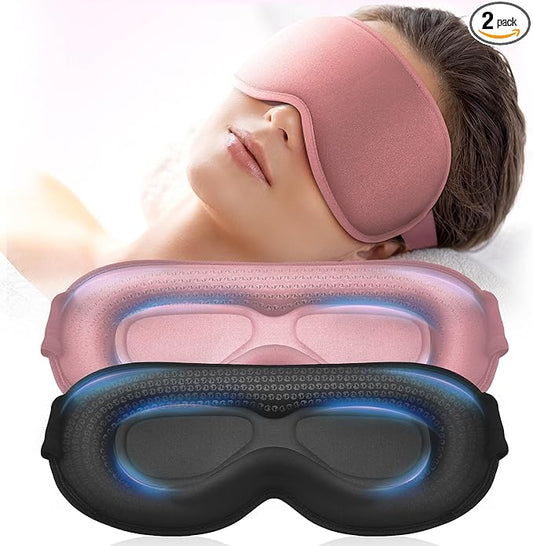 Weighted Eye Mask 2 Pack - 3D Contoured Sleep Masks for Women Men, Blackout Sleeping Eye Mask for Travel, Meditation, Airplane, Memory Foam, Adjustable Strap Pink Black