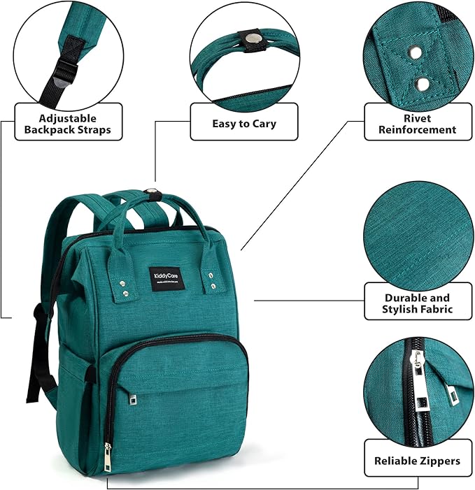 KiddyCare Diaper Backpack | Travel Backpack for Mom with Baby Diaper Bags and Changing Station Multipurpose Waterproof Tote for Maternity Baby Bags - Big, Stylish, Unisex - Green