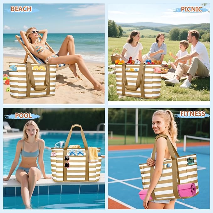 Extra Large Beach Bags for Women, Waterproof Sandproof Beach Tote Bag Foldable Swim Pool Bag with Zipper and Wet Pocket