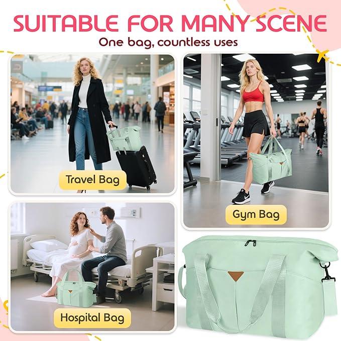 Duffle Bag for Travel, Carry-on Travel Bag with Trolley Sleeve, Sport Gym Bag for Women, Overnight Bag for Men, Hospital Bag for Labor and Delivery (Green)