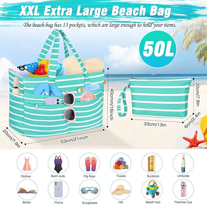 HUANLANG Extra Large Beach Bag Waterproof Beach Totes Bags for Women Men,Pool Bag with Zipper Wet Pocket