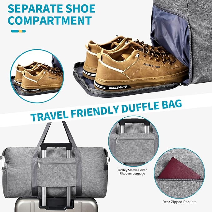 Felipe Varela 65L Duffle Bag with Shoes Compartment, Foldable Carry on Bag Travel Duffel Bags Overnight weekender Gym Bag with Wet Pocket for Women Men(Grey)