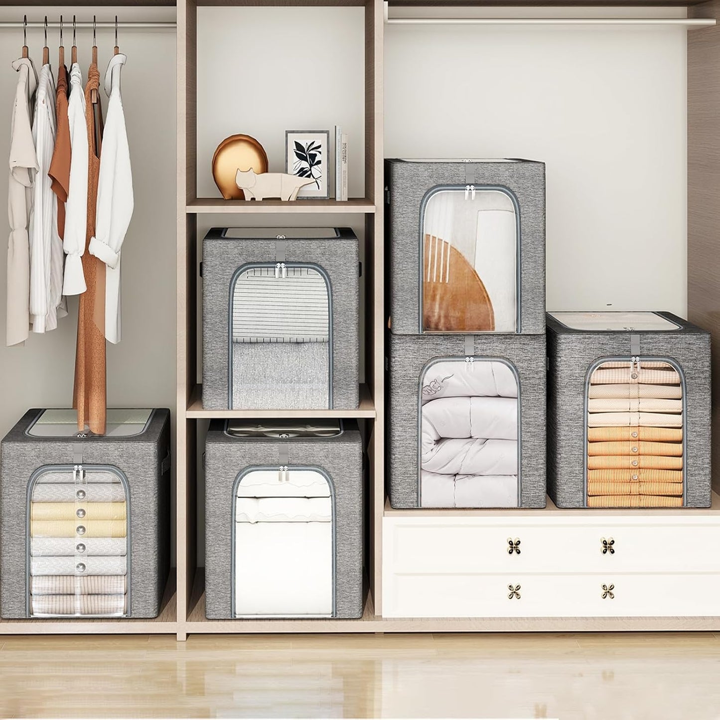 GoMaihe Clothes Storage Bins Metal Frame: 55L Extra Large Stackable Closet Storage Bin with Lid & Clear Window, Heavy Duty Blanket Box for Winter Coats Comforters (Fits Deep Closet 4-Pack)