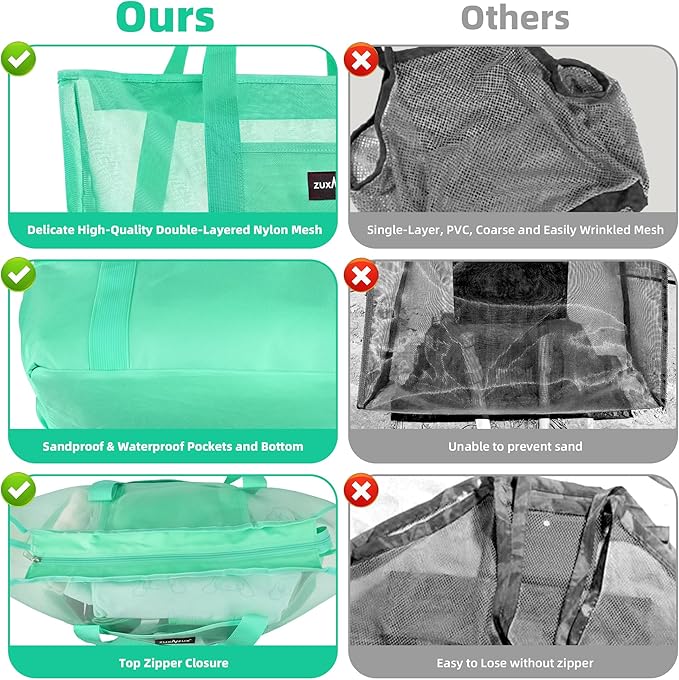 Mesh Beach Bag - Large Waterproof Beach Tote Bag with Zipper, Oversized Foldable Lightweight Family Swim Bag Vacation