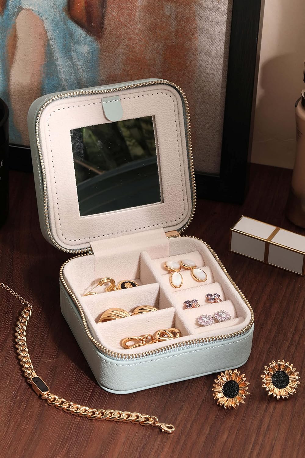 S.Leaf Travel Jewelry Organizer Travel Jewelry Boxes for Women Small Jewelry Travel Case Box Portable Travel Jewelry Case Travel Case Mini Jewelry (02_Lychee_Haze_Blue)