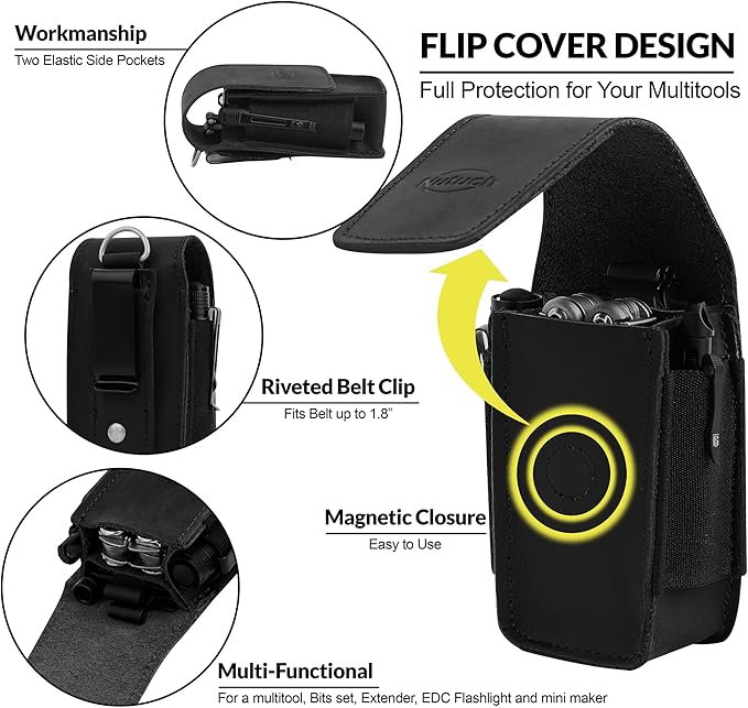 Leather EDC Multitool Sheath with Flip Closure | Leather EDC Belt Organizer | Flashlight Holster | Heavy Duty Multitool Organizer