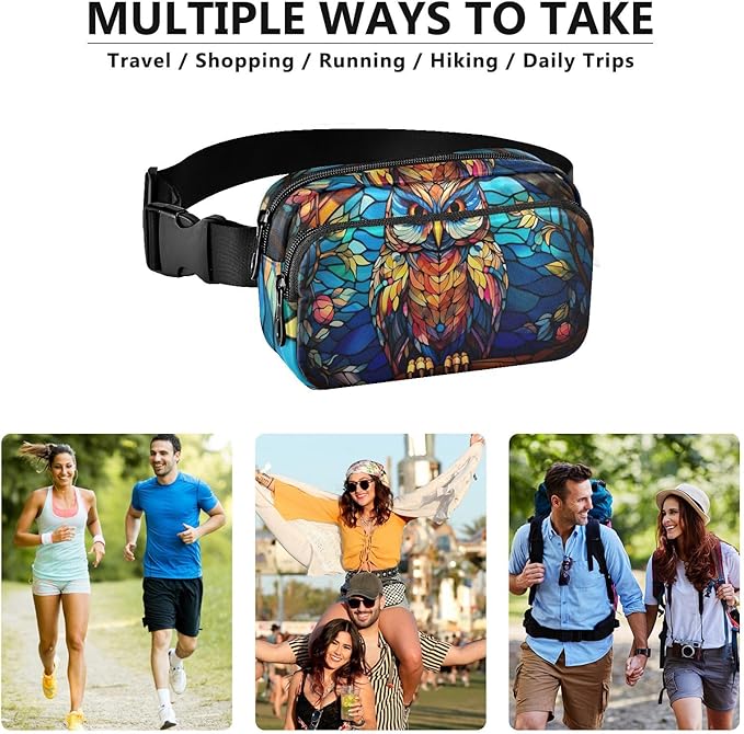 Stained Glass Printed Owl Fanny Pack for Women Men Water Resistant Fashion Waist Packs with Adjustable Strap Belt Bag for Travel Workout Jogging Hiking 21219629