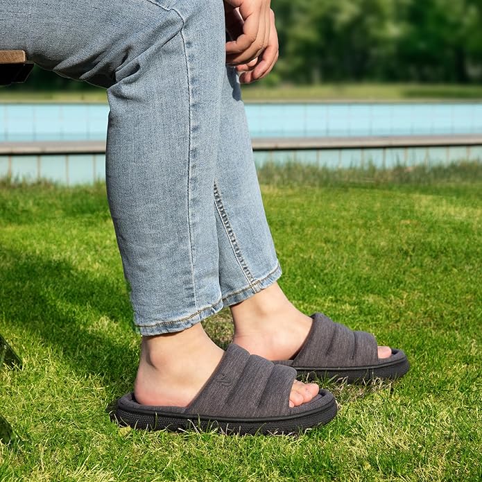 VeraCosy Mens Open-Toe Slippers Memory Foam Indoor Outdoor House Shoes