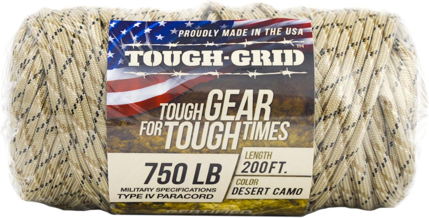 TOUGH-GRID 750 Paracord Rope Nylon Parachute Cord, Made in USA Survival Kit, Outdoor Adventures, Camping, Tactical Gear & Emergency Supplies, Military Type IV Mil-Spec