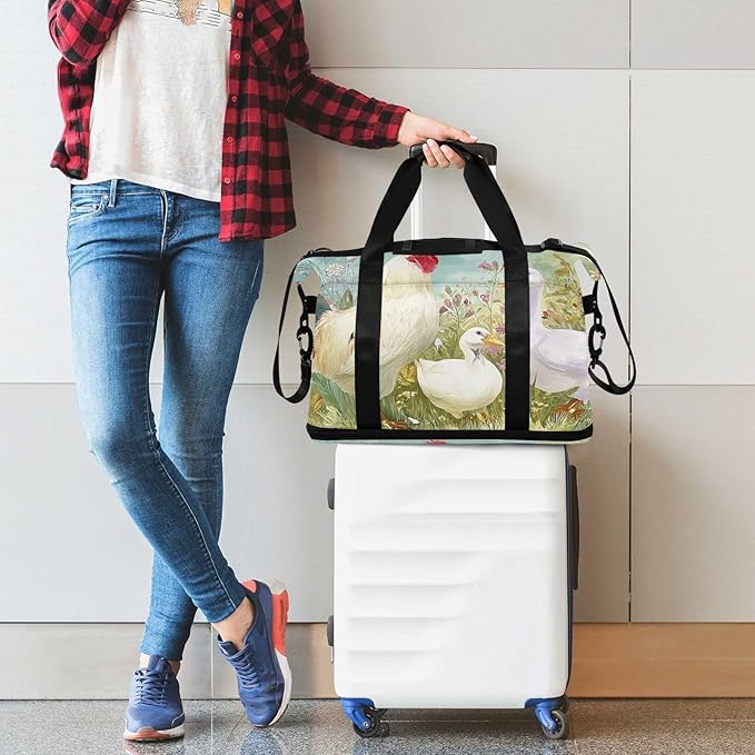 Travel Duffel Bags for Women Farm Chicken & Duck Watercolor Pattern Sports Duffel Bags Gym Bags with Shoes Compartment Tote Bag Weekender Bag for Travelling