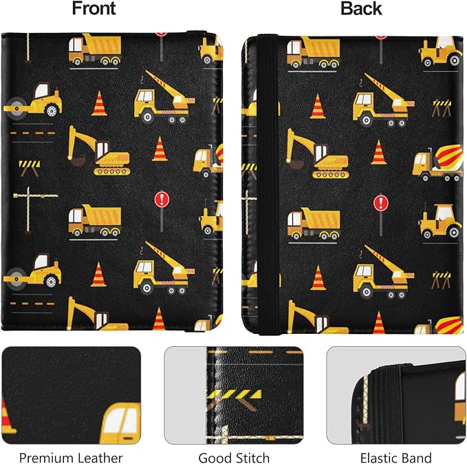 linqin Cute Construction Machinery for Kids Passport and Vaccine Card Holder Combo Leather Passport Case 4x3 CDC Vaccination Card Protector/Covers Waterproof Wallet for Travel