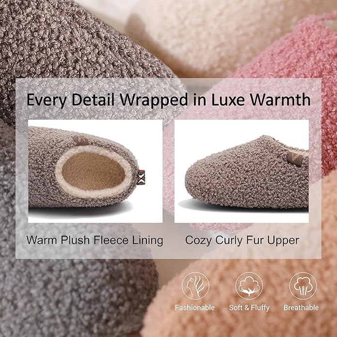 Women’s Fuzzy Memory Foam Slippers with Cozy Curly Fur and Warm Fleece Lining Closed Back Non-Slip House Shoes Lightweight Soft Comfy Indoor Bedroom Slippers