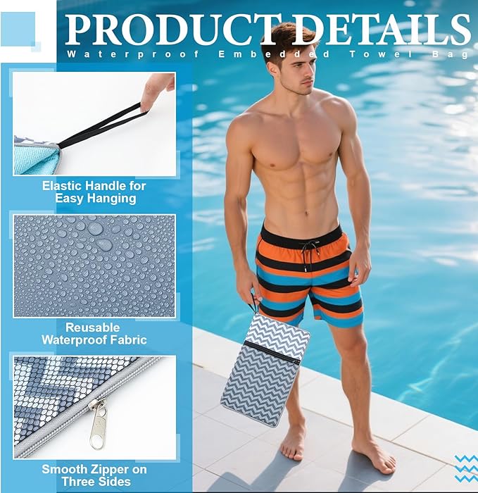 2 Pcs Wet Bags for Swimsuit, Embedded Towel Wet Dry Bag with 2 Zipper Pockets, Reusable Waterproof Leakproof Dirty Clothes Bag for Beach, Pool, Travel, Dirty Yoga Gym Clothes, Diaper, Gray