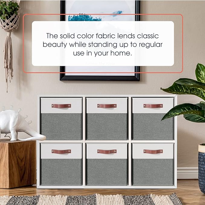 Ornavo Home 13 x 15 x 13 Kallax Storage Cube Bins, Foldable Collapsible Fabric Storage Bins Box Linen Shelf Basket Cube Organizer for Closet with Leather Handles, 6 Pack, White/Gray