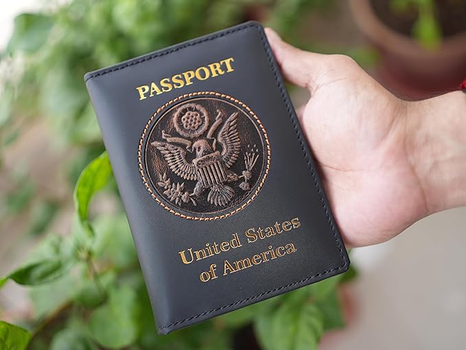 RFID Leather Passport Cover USA - Premium Travel Wallet with 6 Card Slots, ID Window, Boarding Pass Holder, Cash Compartment + Free Keychain (Black)