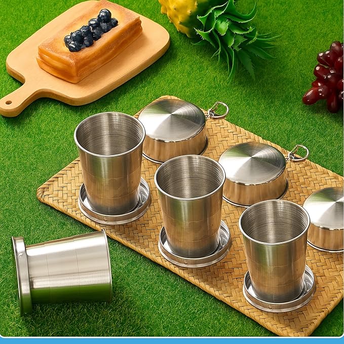 Tessco for you 6 Pieces Collapsible Shot Glasses Stainless Steel Collapsible Cup Reusable Portable Travel Folding Cup with Lid and Keychain for Camping Hiking Cycling(15 oz)
