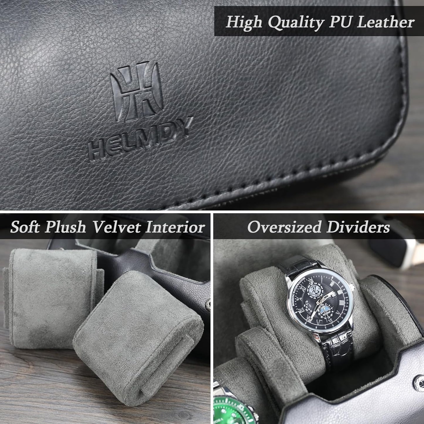 Travel Watch Case - Two Watch Roll Storage Box Organizer for Men's Women's Wristwatches & Smart Watches up to 50mm (Black / 2 Slot)