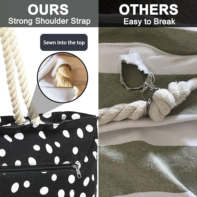 Large Canvas Beach Bag for Women, Beach Bags Waterproof Sandproof with Zipper & Wet Bag Cruise Essentials