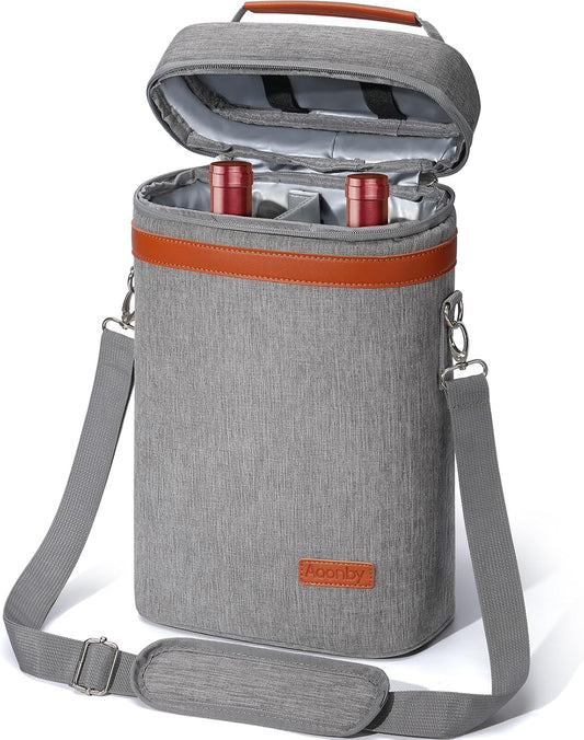 2 Bottle Wine Bag Wine Cooler Carrier Wine Gift Tote Bag, Leakproof & Insulated Bottle Bags for Travel, BYOB, Beach, Dinner, Party, Christmas Gifts for Wines Lovers Women Men - Gray