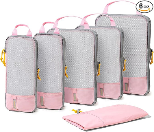 (Not Made In China) Compression Packing Cubes For Travel, Suitcase and Luggage Space Saver Organizer Bags, Lightweight, Waterproof, Durable, 6pc Set, Pink