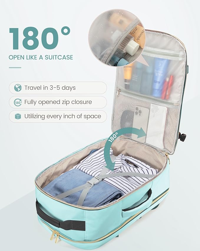 LOVEVOOK Travel Backpack for Women & Men 40L,Airline Approved Carry On Backpack Travel Essentials,TSA Carry on Luggage,Waterproof Personal Item Travel Bag,Suitcase with 3 Packing Cube,Mint green-Black
