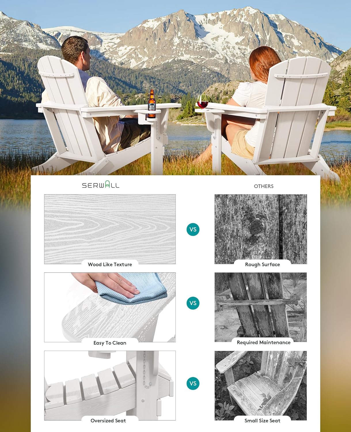 SERWALL Adirondack Chair with Cup Holders - Composite Adirondack Chairs Set of 8 HDPE Outdoor Chairs All Weather Use- White