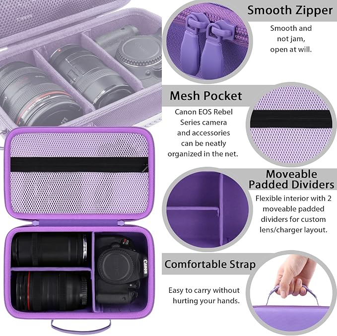khanka Camera Case for Canon EOS Rebel T7/T100/T6/R50/R100/R5/R7/R8/R6 Mark II/SL3 DSLR Camera,Travel Protective Carrying Case for Canon EOS Rebel Camera and 18-55mm/18-45mm Lens(Purple Case Only)