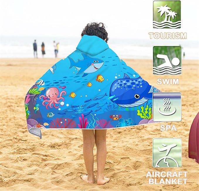 Bonsai Tree Blue Sea World Hooded Beach Towel for Kids, Cute Bath Towel with Hood, Boy Microfiber Super Absorbent Soft Poncho Bathrobe for Swin Pool 30”x50”