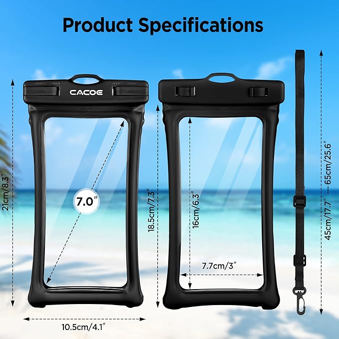 CACOE [Floatable] Floating Universal Waterproof Phone case 2 Pack-Up to 7.0",Phone Pouch with Adjustable Neck Lanyard,IPX8 Cellphone Dry Bags for Beach Pool Swimming（Black+Black）