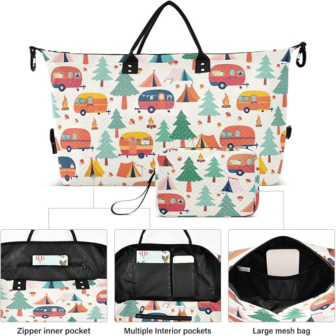 Travel Duffle Bag, Forest Tents Pattern Gym Bag with Storage Bag Weekender Overnight Bag for Men Women Trip Sports Yoga