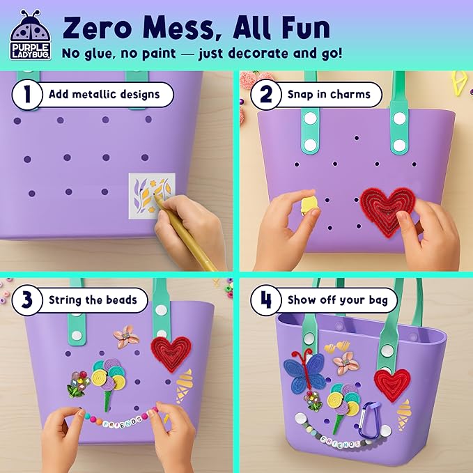 PURPLE LADYBUG Decorate Your Own Beach Tote Bag Tropical Fun- Themed Purple Rubber Beach Bag, Fun Girl Crafts for Girls Ages 6-8 Birthday Gift idea, Summer Travel Tote (Medium)