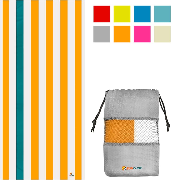 SUN CUBE Microfiber Beach Towel, Quick Dry Sand Free Beach Towel, Lightweight Compact Travel Swim Towel for Pool, Camping, Sand Resistant Packable Adult Towel - Orange 78x35 Inches