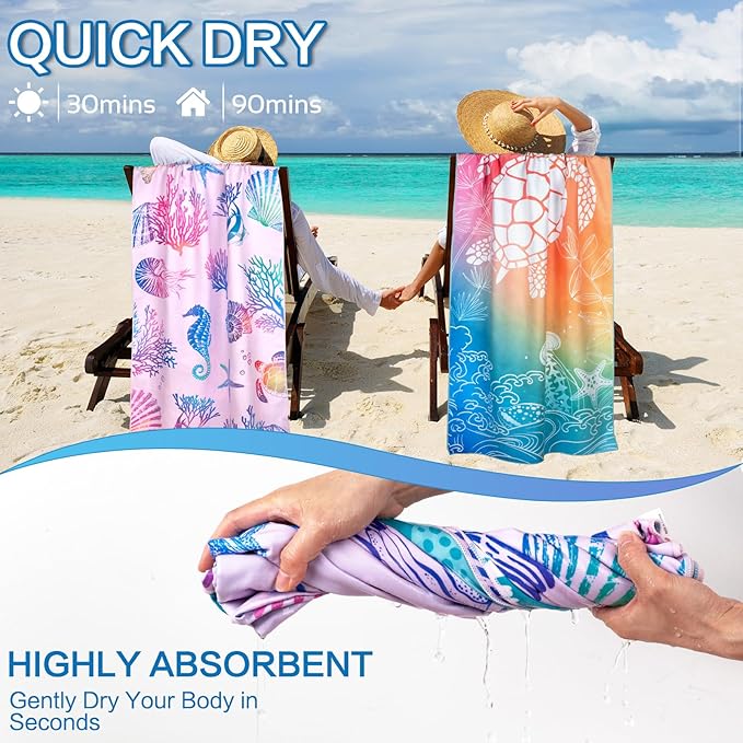 Beach Towel Oversized 2 Pack Extra Large Beach Towels 72"x32" Quick Dry Absorbent Lightweight Sand Free Thin Beach Towel for Kids Men Women Camping Towel, Gym, Hiking, Pool, Bath, Yoga,Travel Vacation