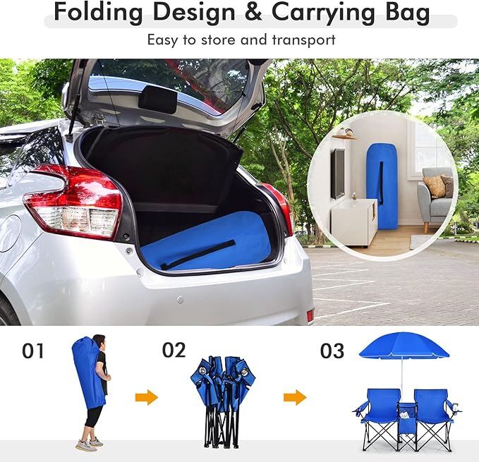 KOTEK Double Camping Chair, Folding Camp Chair with Removable Umbrella, Cup Holders, Cooler Bag, Side Pocket & Carry Bag, 2-Person Beach Chair for Outdoor, Sports, Concerts, Travel, Picnic (Blue)