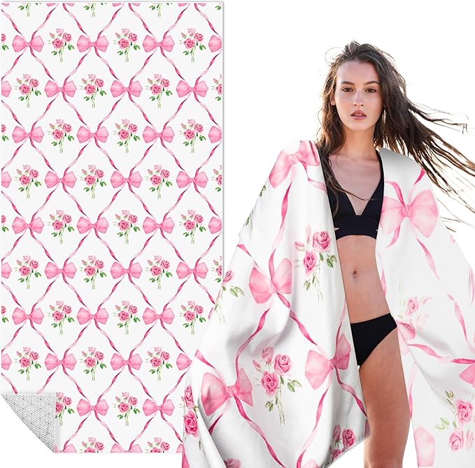 Pink Bow Oversized Beach Towel - Flower Double-sided Thin Microfiber Lightweight Pool Towel 71"x35" Quick Dry Towel Sand Free Blanket for Bath Sport Travel Beach Swimming Camping for Girl Women