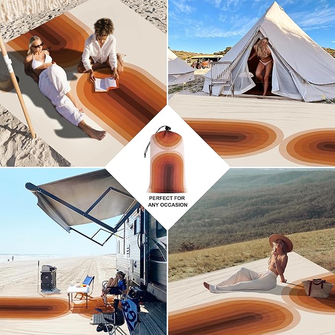 BEW 9 ft×10 ft Extra Large Waterproof Sandproof Beach Blanket for 8 Adults, Beach Mat with 4 Stakes, 210T Polyester Foldable Picnic Blanket for Travel, Hiking, Orange Arches (BB-118-Boho-Arches)