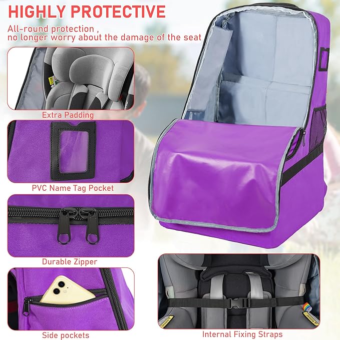 Padded Car Seat Travel Bag for Airplane, Heavy Duty Car Seat Bag for Air Travel Gate Check Carseat Carrier Bag with Shoulder Strap, Fits Most Baby & Infant Car Seats (Purple)