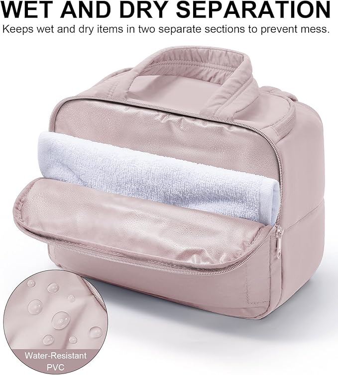 Travel Toiletry Bag for Women, Lightweight Large Quilted Puffy Makeup Bag Wide-open Make up Organizer Cloud Cosmetic Bag w/Handle for Traveling Toiletries Essentials Accessories Light Pink