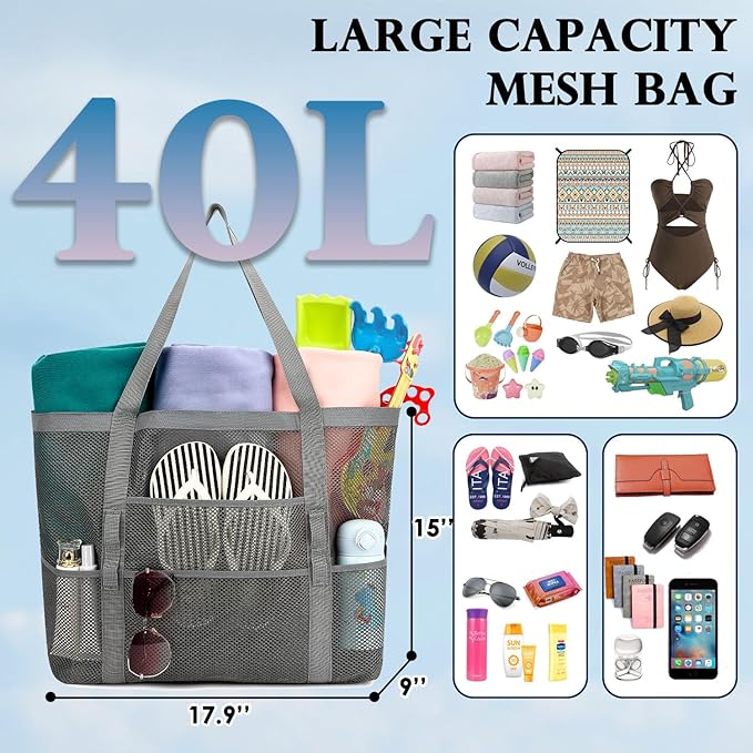 Mesh Beach Bag, Large Beach Tote with Zipper Pocket, Toys Pool Bag for Family Travel Vacation Cruise Essentials