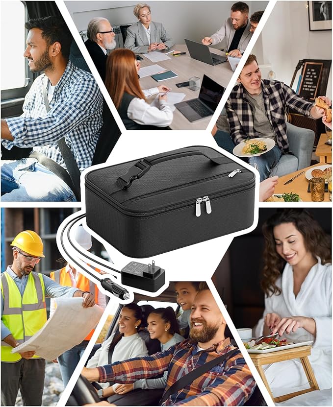 Portable Food Warmer - Heated Lunch Box for Adluts - Electric Thermal Lunch Bag with Buckle Handle, Heating Food Warmer Bags for 12V/24V Car & Truck, 110V/220V Home/Office, Black