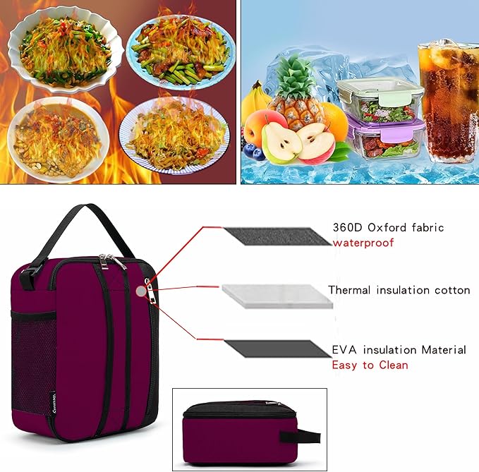 BEIMILY Lunch Box for Men Women Adults,Small Insulated Lunch Bag for Office Work Picnic,Reusable Portable Lunchbox,Soft Cooler Tote Bag(Dark Red)