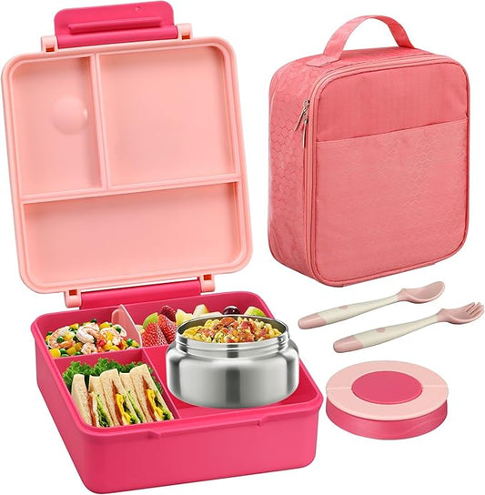 Itslife Bento Lunch Box for Kids with 8oz Soup Thermo&Lunch Bag, Leak-Proof Lunch Food Containers with 4 Compartment, Hot Food Insulated Food Jar for Kids School (Pink&Grey)