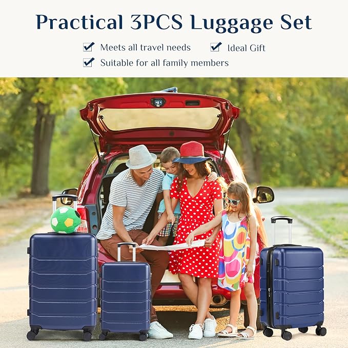 OLIXIS 3-Piece Suitcase Set, Hardside Luggages with Spinner Wheels, Lightweight ABS Hard Shell Travel Luggage, Expandable Carry-On Suitcase with TSA Approved Lock–Blue(20+24+28 Inch)