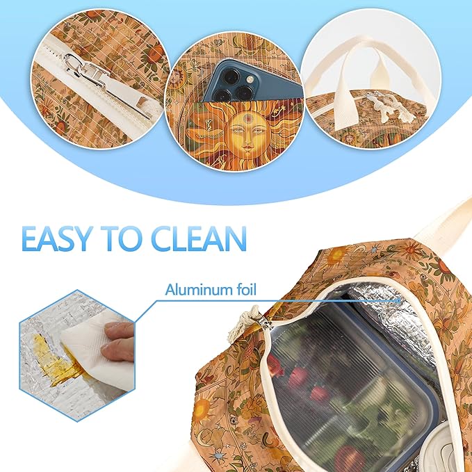 Insulated Lunch Box for Women and Men,Corduroy Lunch Bags for Work,Leakproof Adults Cooler Tote Bag for Offices,Picnic,Travel,Outdoor (Sun)