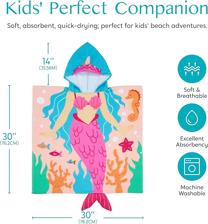 Joiedomi Kids Beach Towels with Hood for 3-10 Years Boys Girls Mermaid Hooded Toddler Bath Towel Poncho Absorbent Quick Dry Soft Microfiber Swim Robe with Backpack Lightweight 30"x30" for Beach Pool