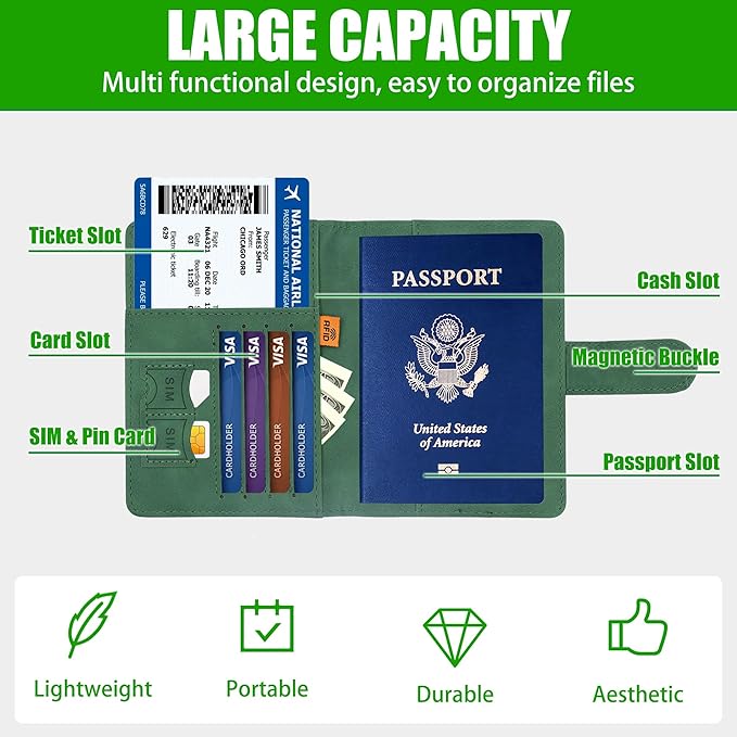 2 Colors Leather Passport Holder for Travel, RFID Blocking Passport Covers with Card and Boarding Pass Slot, Travel Document Holder Essentials for Men, Women (Brown, Dark Green)